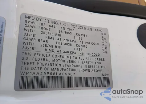 2008 Porsche Cayenne from USA, damaged, VIN WP1AA29P98LA05607